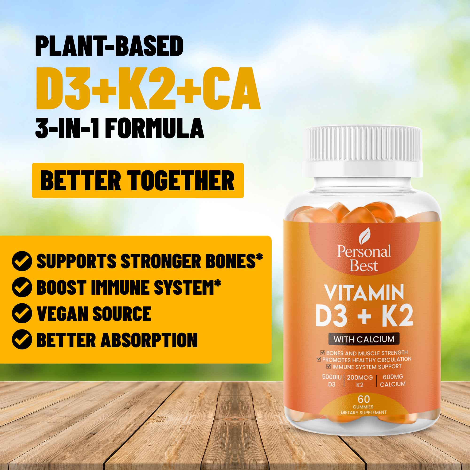 Vitamin D3 K2 calcium gummies for bone support by Personal Best